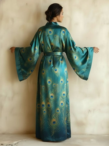 11027 - Women Teal Blue Peacock Feather Print Longline Kimono