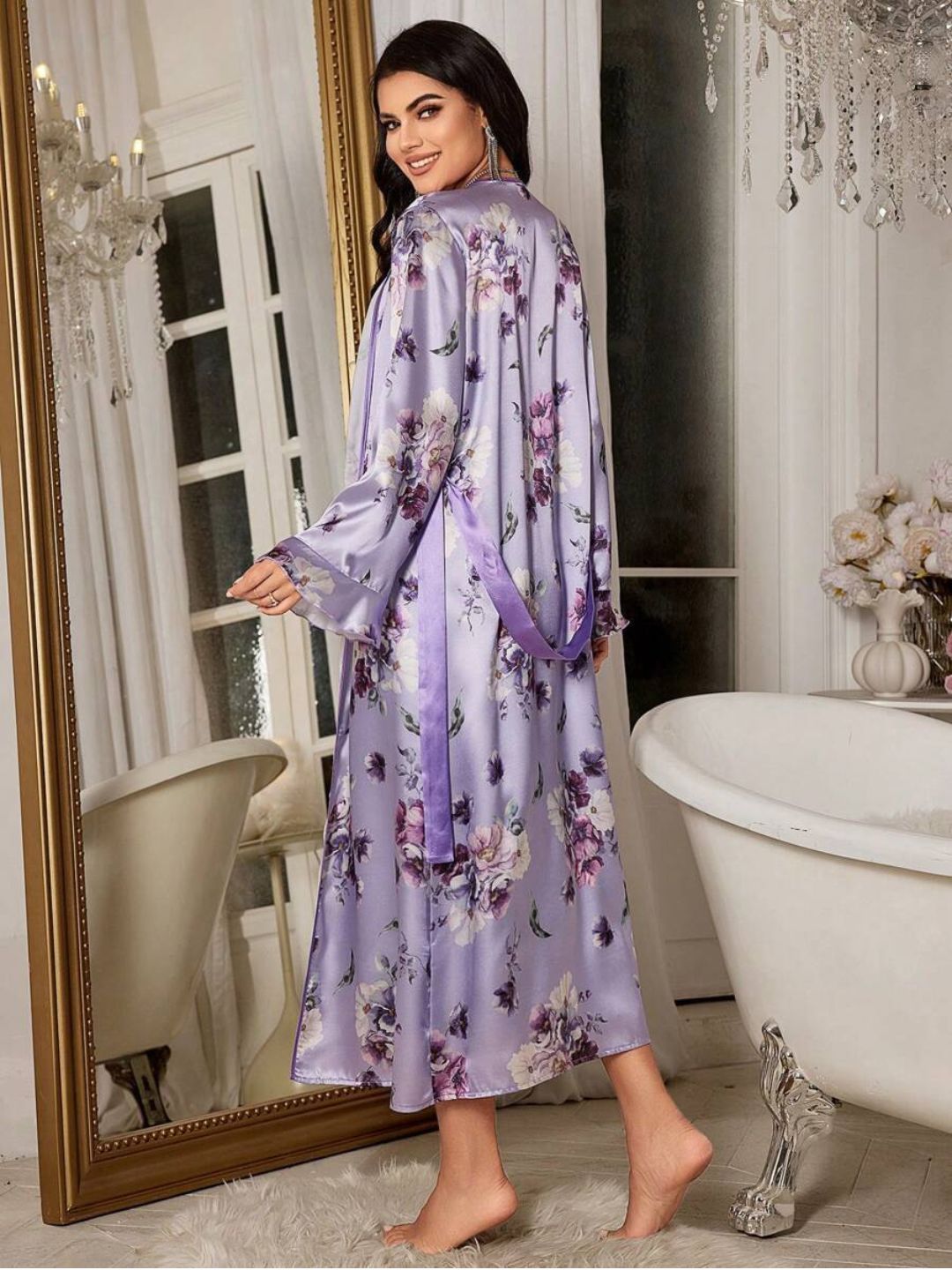 11001-Purple Floral Satin Nightdress with Robe