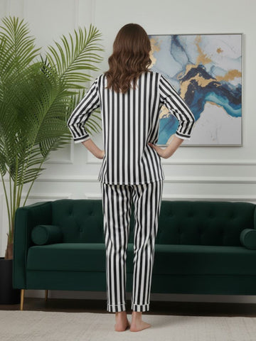 11011-BLACK Women’s Satin 3 Piece Nightwear Set – Striped Camisole, Robe & Pyjama