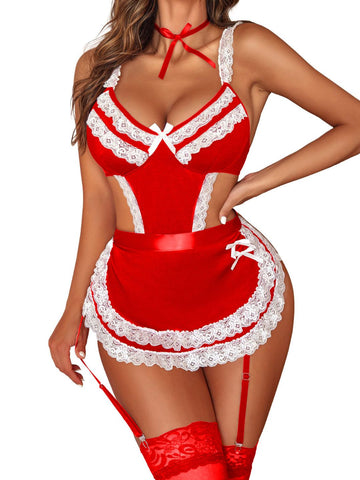 63 - Women Red & White Lace Roleplay Maid Lingerie Bodysuit with Apron & Choker