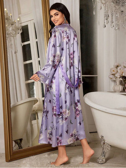 11001-Green Floral Satin Nightdress with Robe