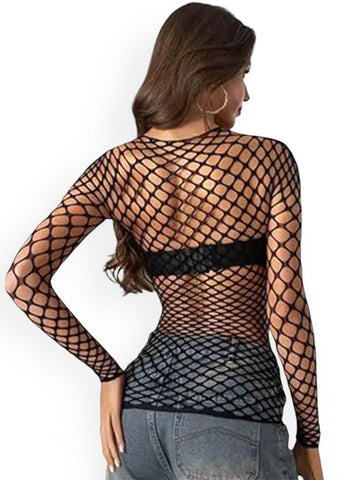 8004 - Women Black Self-Design Fishnet Long Sleeve Sheer Net Top