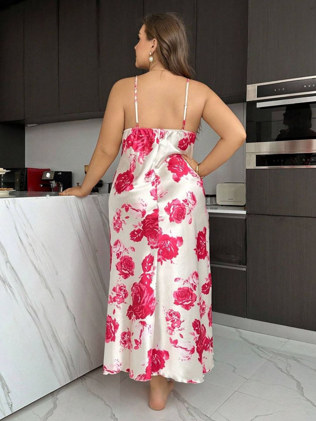 11031-Women Blush Pink Floral Satin Nightwear Set with Lace Trim Robe