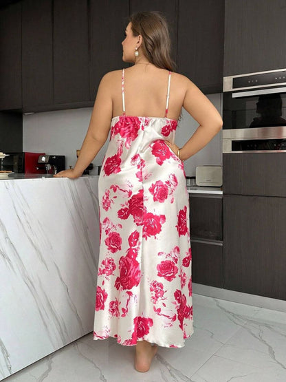 11031-Women Blush Pink Floral Satin Nightwear Set with Lace Trim Robe