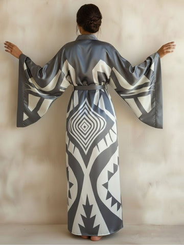11027 - Women Grey & White Geometric Printed Satin Kimono Style Night Robe