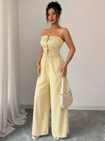 11038 - Women yellow & White Striped Cotton Night Suit
