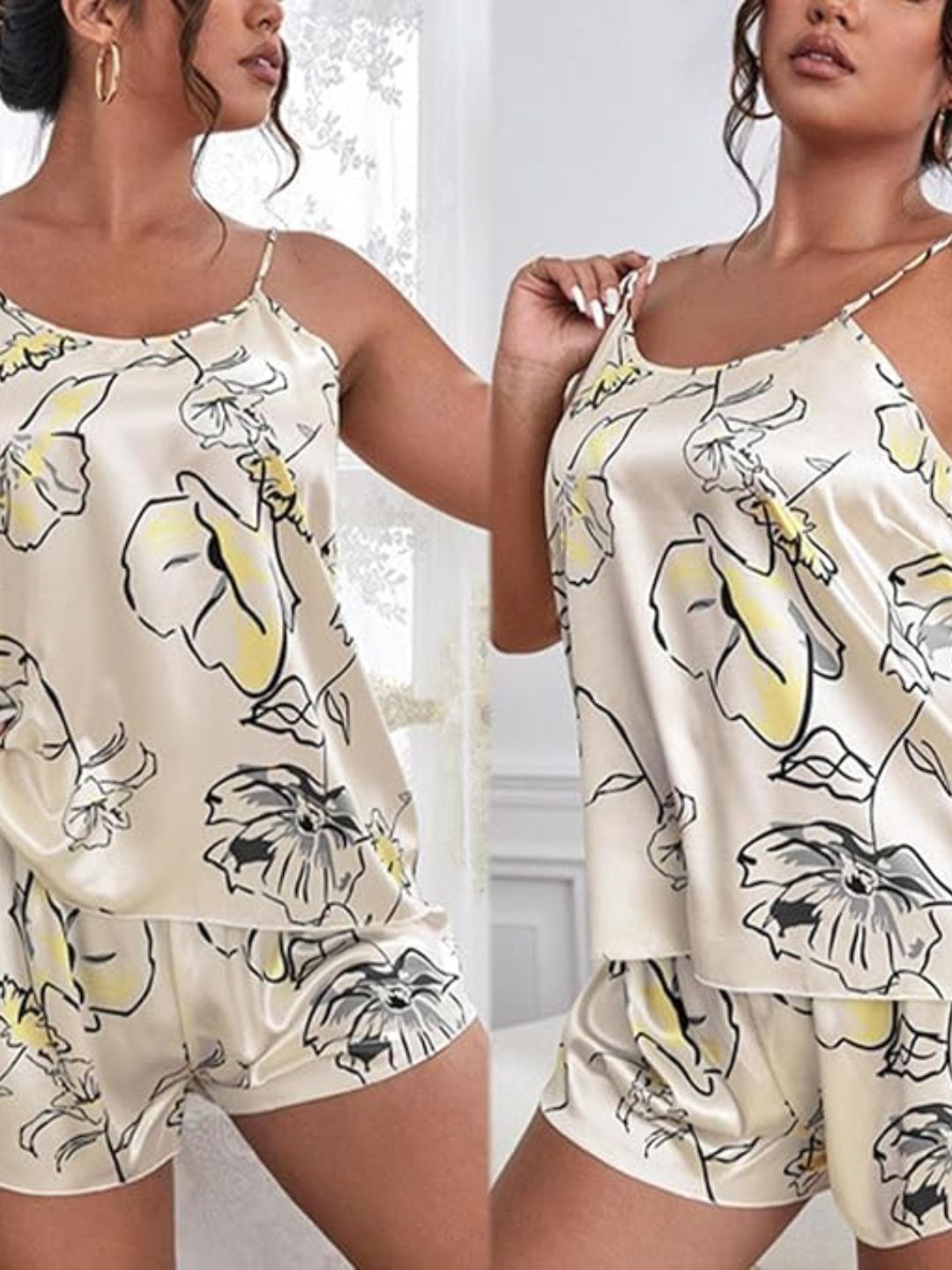 37-Celestial Print Satin Camisole & Shorts Nightwear Set