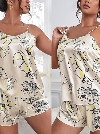 37-Celestial Print Satin Camisole & Shorts Nightwear Set