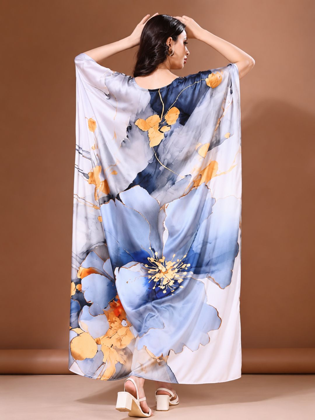 11057-Women Floral Printed Satin Kaftan Dress