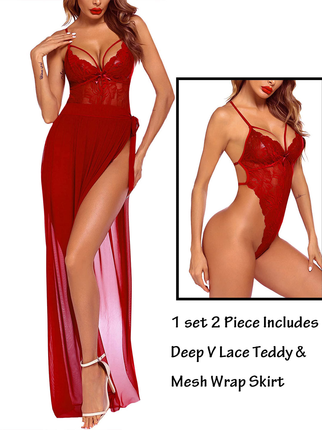 56-Red 2-Piece Black Lingerie Set – Deep V Lace Teddy & Mesh Wrap Skirt