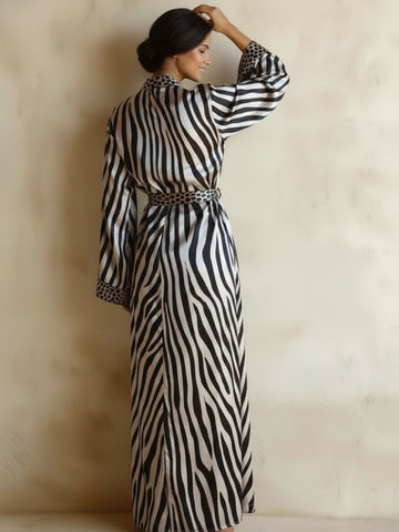 11027 - Women Black & White Satin Wrap Robe with Zebra Stripe & Leopard Print Accents