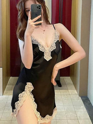 204-Black Women Satin Lace Nightdress with Robe | Luxury Nightwear Set