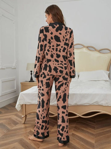 11026 - Women Brown & Black Animal Print Button-Down Night Suit