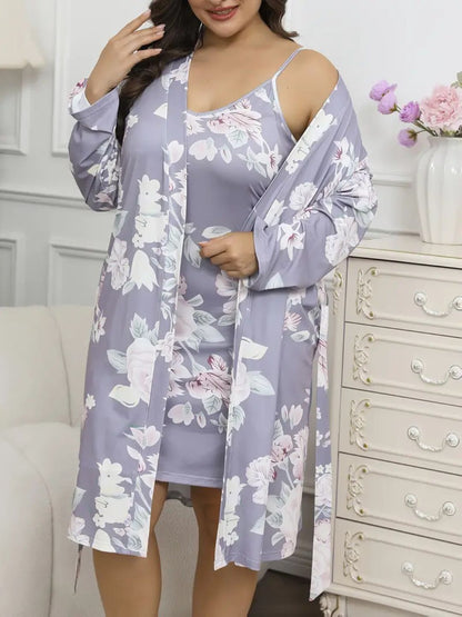 11005-Lavender Floral Satin Nightwear Robe Set for Women – Comfortable & Elegant Sleepwear