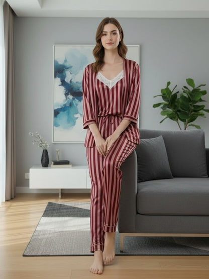 11011-BLACK Women’s Satin 3 Piece Nightwear Set – Striped Camisole, Robe & Pyjama