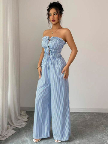 11038 - Women sky blue & White Striped Cotton Night Suit