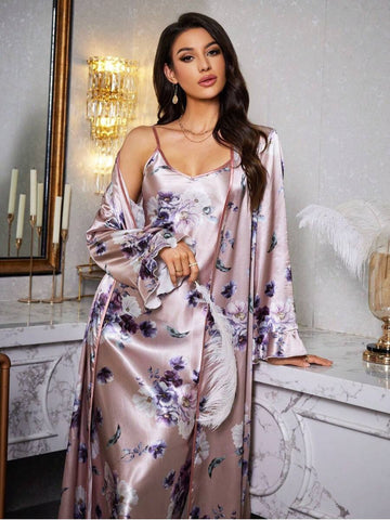 11001-Pink Floral Satin Nightdress with Robe