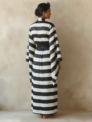 11027 - Women Black & White Striped Satin Wrap Style Loungewear Robe