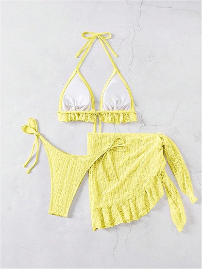 2001-Yellow Crochet Bikini Bralette with Matching Wrap Skirt Set