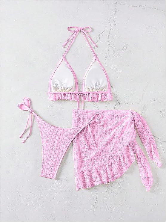 2001-Pink Crochet Bikini Bralette with Matching Wrap Skirt Set