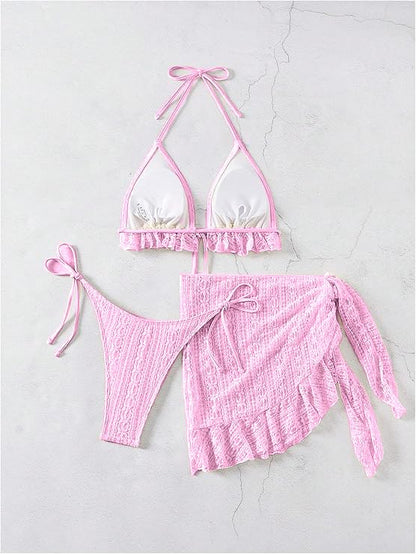 2001-Pink Crochet Bikini Bralette with Matching Wrap Skirt Set