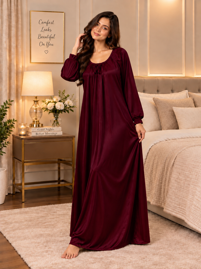 11065-Women Solid Satin Full-Length Night Dress.