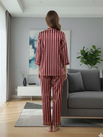11011-MAROON Women’s Satin 3 Piece Nightwear Set – Striped Camisole, Robe & Pyjama
