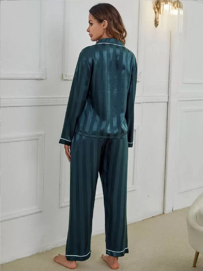 11013-Women Black Satin Finish Shirt & Pyjama Night Suit Set