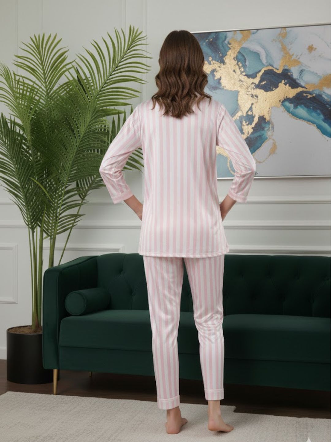 11011-PINK Women’s Satin 3 Piece Nightwear Set – Striped Camisole, Robe & Pyjama