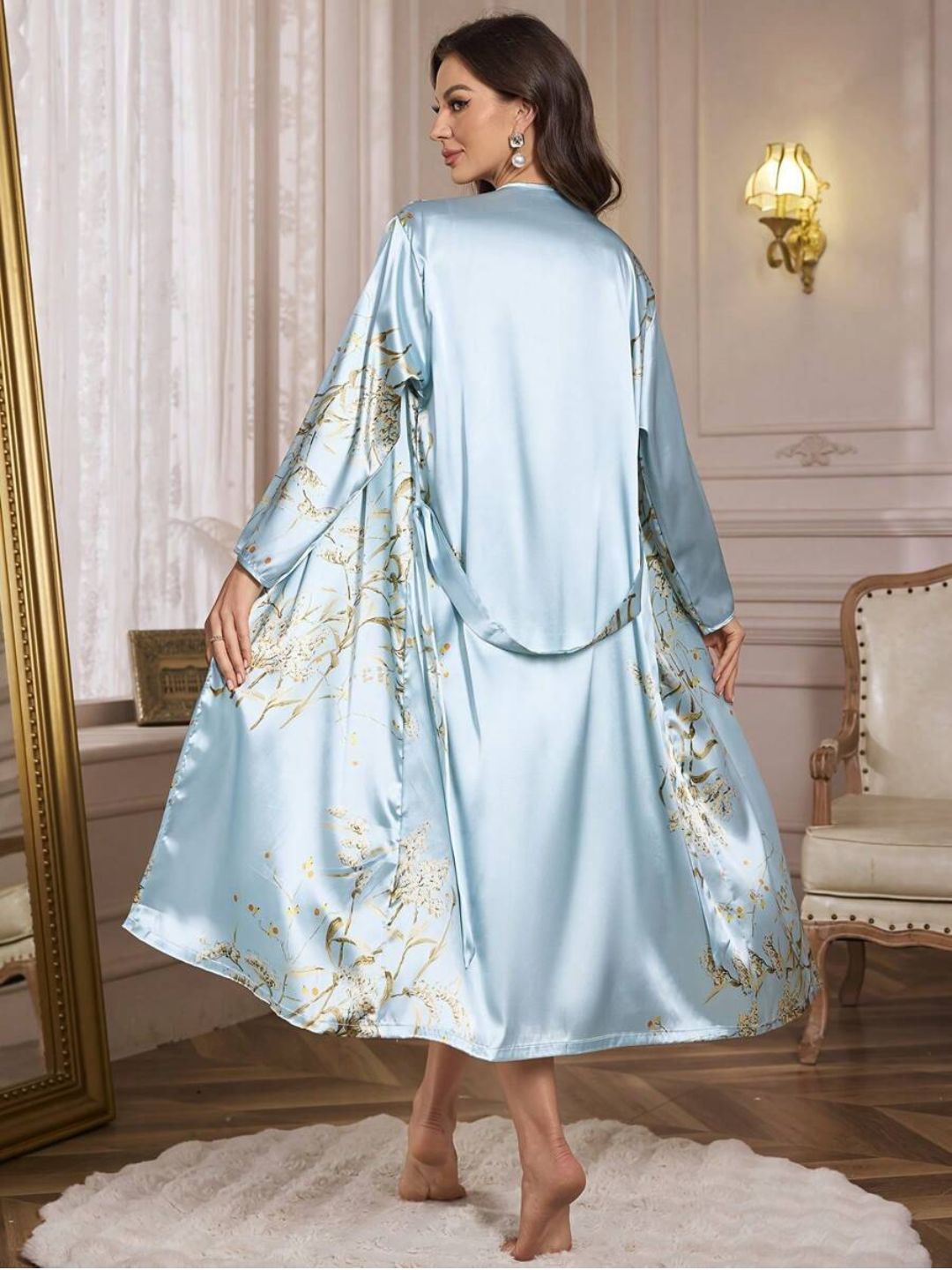 11003-Green Floral Satin Nightwear Robe Set for Women – Elegant Night Dress & Sleepwear