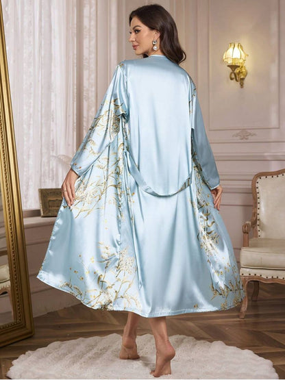 11003-Green Floral Satin Nightwear Robe Set for Women – Elegant Night Dress & Sleepwear