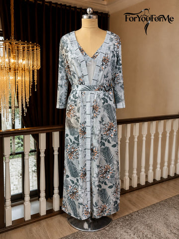 11023 - Women Grey Stripes Satin Nightdress with Floral Printed Long Robe