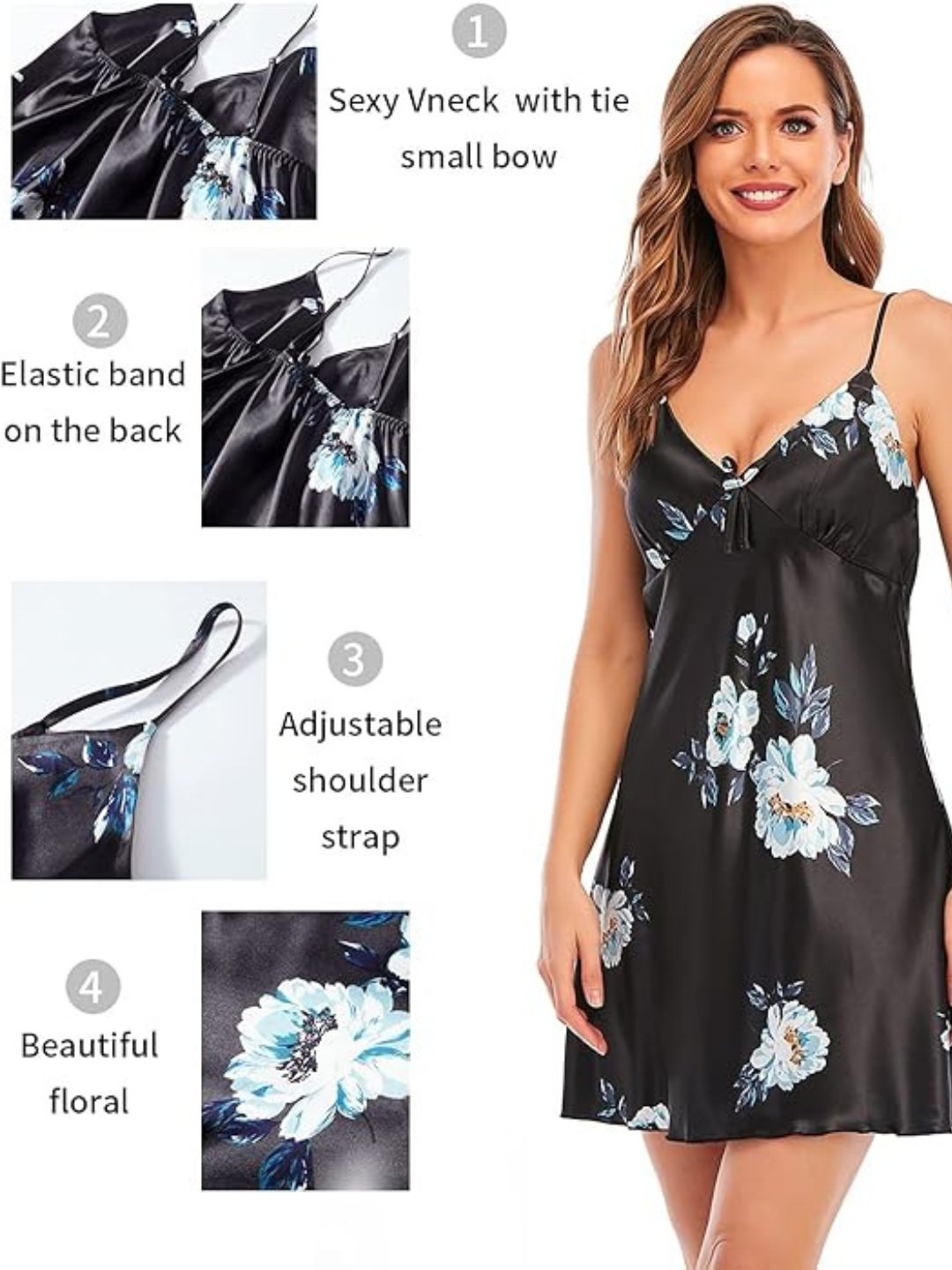 93 BLACK-Women's Satin Floral Nightdress and Robe Set