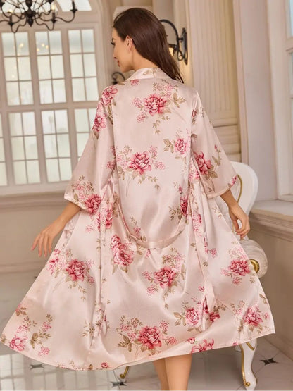 11004-Premium Pink Floral Satin Nightwear Robe Set for Women – Elegant Sleepwear & Night Dress