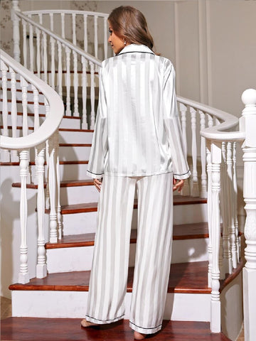 11013-Women White Satin Finish Shirt & Pyjama Night Suit Set