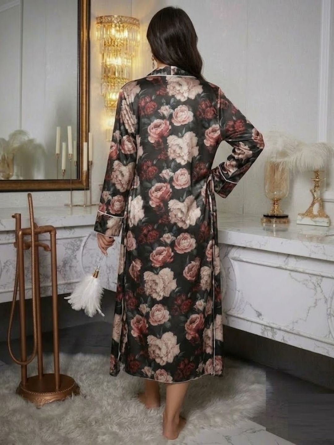 11051-Womens Black Floral Printed Nightdress with Robe