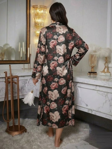 11051-Womens Black Floral Printed Nightdress with Robe