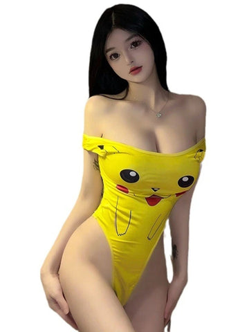 141 - Women Yellow Graphic Cartoon Character Printed Sleeveless Swim Style Bodysuit