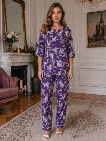 11055-Women White Floral Printed Night Suit Set