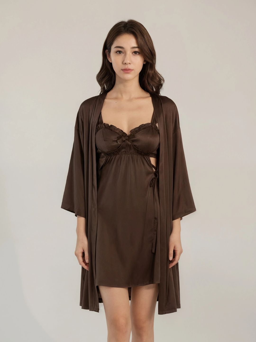 11036 - Women Satin Nightdress with Lace-Up Detail & Robe Set