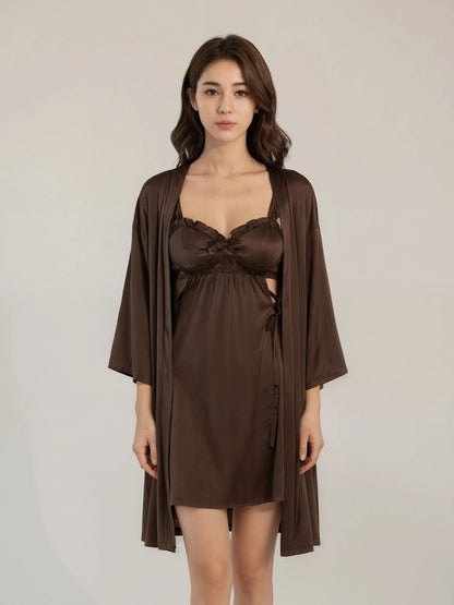 11036 - Women Satin Nightdress with Lace-Up Detail & Robe Set
