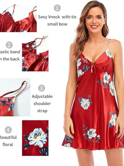 93 WINE-Women's Satin Floral Nightdress and Robe Set