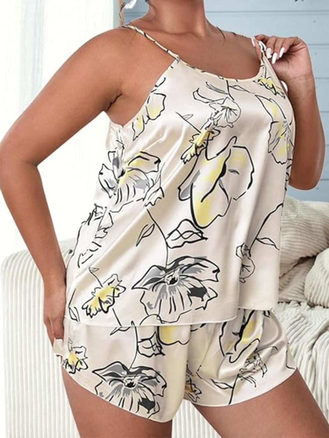 37-Celestial Print Satin Camisole & Shorts Nightwear Set