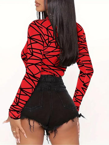 120 Red-Geometric Mesh Long Sleeve Bodysuit