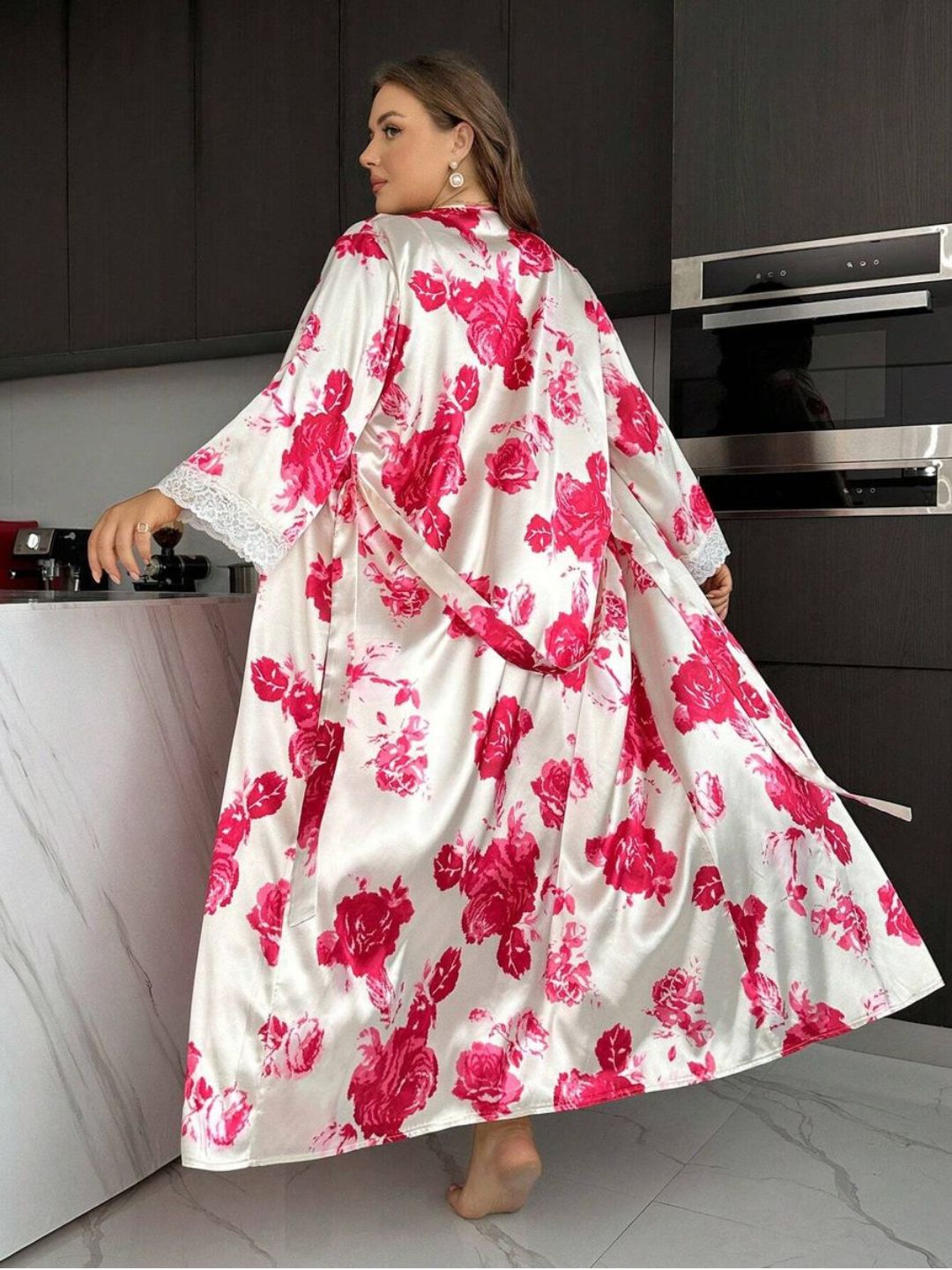 11031-Women Blush Pink Floral Satin Nightwear Set with Lace Trim Robe