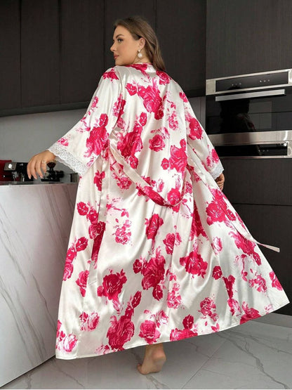 11031-Women Blush Pink Floral Satin Nightwear Set with Lace Trim Robe