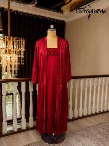 11015- Women Maroon Satin Nightwear Set with Lace-Trimmed Slip & Robe