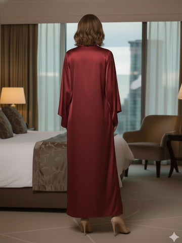 11015- Women Maroon Satin Nightwear Set with Lace-Trimmed Slip & Robe