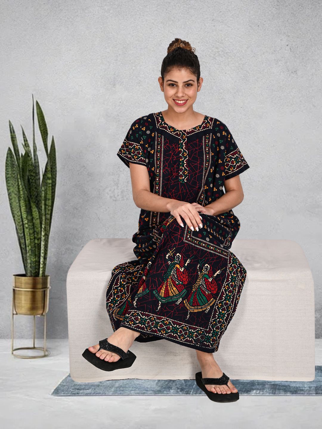 1451-Women's Pure Cotton Blended Printed Maxi Dress for Daily & Night Wear Floral Nighty