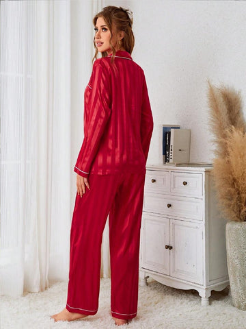 11013-Women Red Satin Finish Shirt & Pyjama Night Suit Set